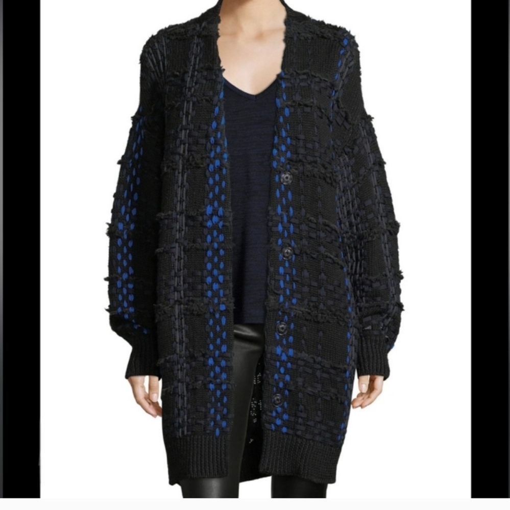 Rag & Bone Dawson Chunky Wool Knit Ribbon Cardigan Coat Black + Blue